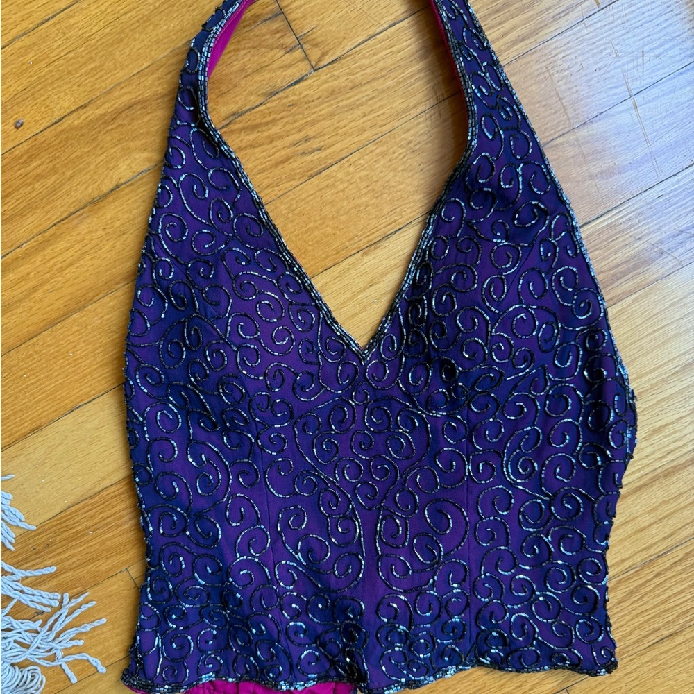 Vintage Sean Collection Purple Embellished Halter Tank Top